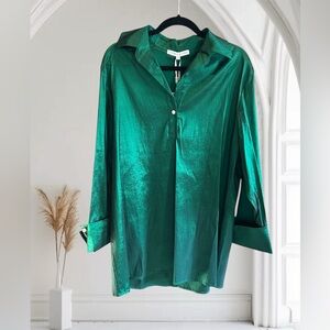 NWT PRESTON & YORK Thea Tafetta Point Collar Tunic Blouse Pine Green‎ Shine XXL